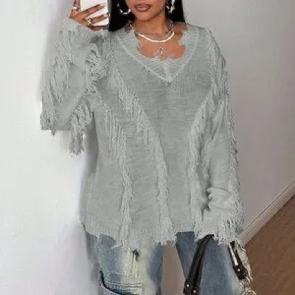 ZARA Light Grey Casual Women's Y2k Tattered Loose Long-Sleeve Plus Size Sweater